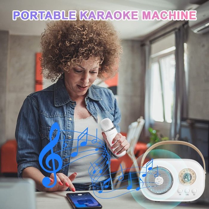 Leuke mini-karaoke, draagbaar, Bluetooth met microfoon, voor kinder- en volwassenenfeestjes (wit)