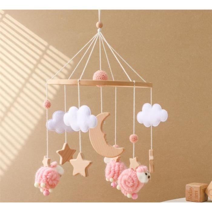 Móvil de madera para cuna, móvil musical para cuna, sonajero colgante para cuna, regalos para recién nacidos (niñas y niños), oveja (rosa)
