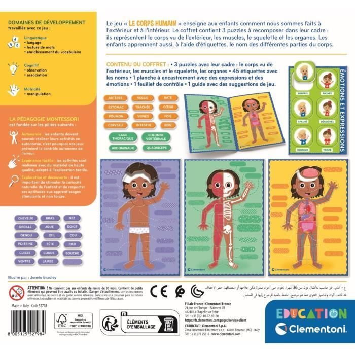 Montessori - Clementoni - Le Corps Humain - Jeu éducatif pour apprendre comment est fait le corps à l'interieur et à l'exterieur -
