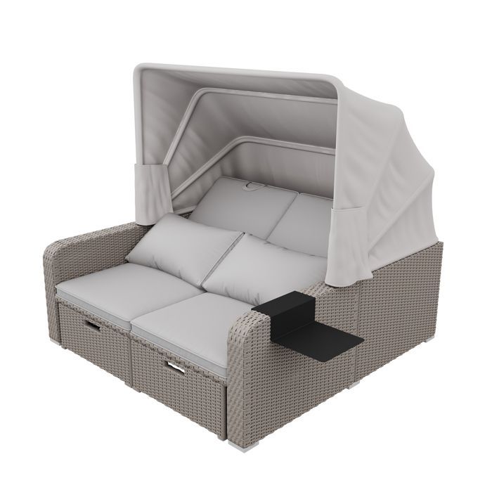 Set di mobili da giardino allungabile - Divano lounge in rattan PE con tettuccio regolabile - Struttura in acciaio - Tortora