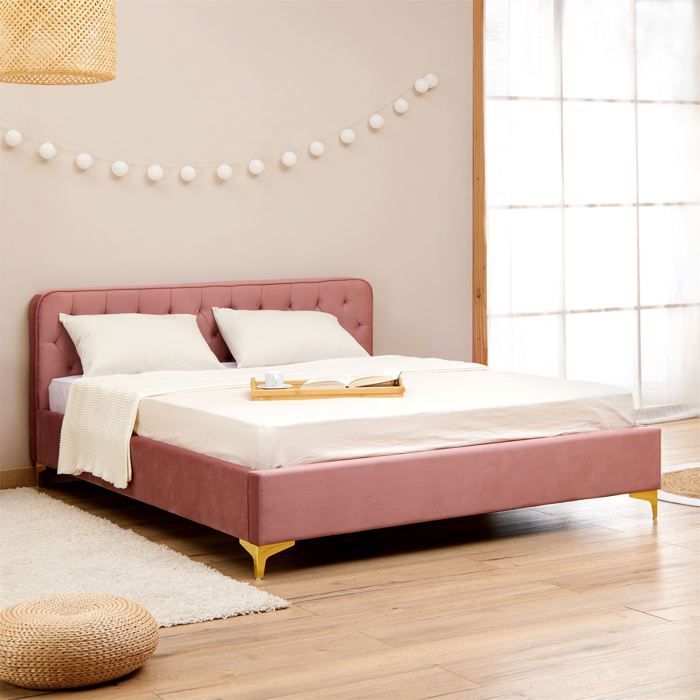 Doppelbett GLAMOUR, Liegefläche 140 x 190 cm, mit Lattenrost und goldfarbenen Metallbeinen, Barockstil, bezogen mit rosa gestepptem Samt