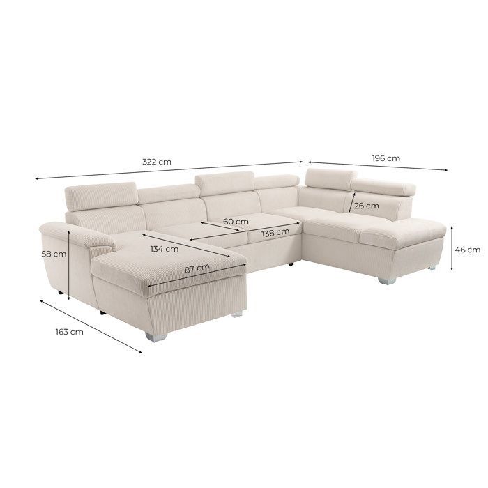 Sofá cama panorámico PAOLA de 6 plazas con 2 compartimentos de almacenamiento en pana beige.