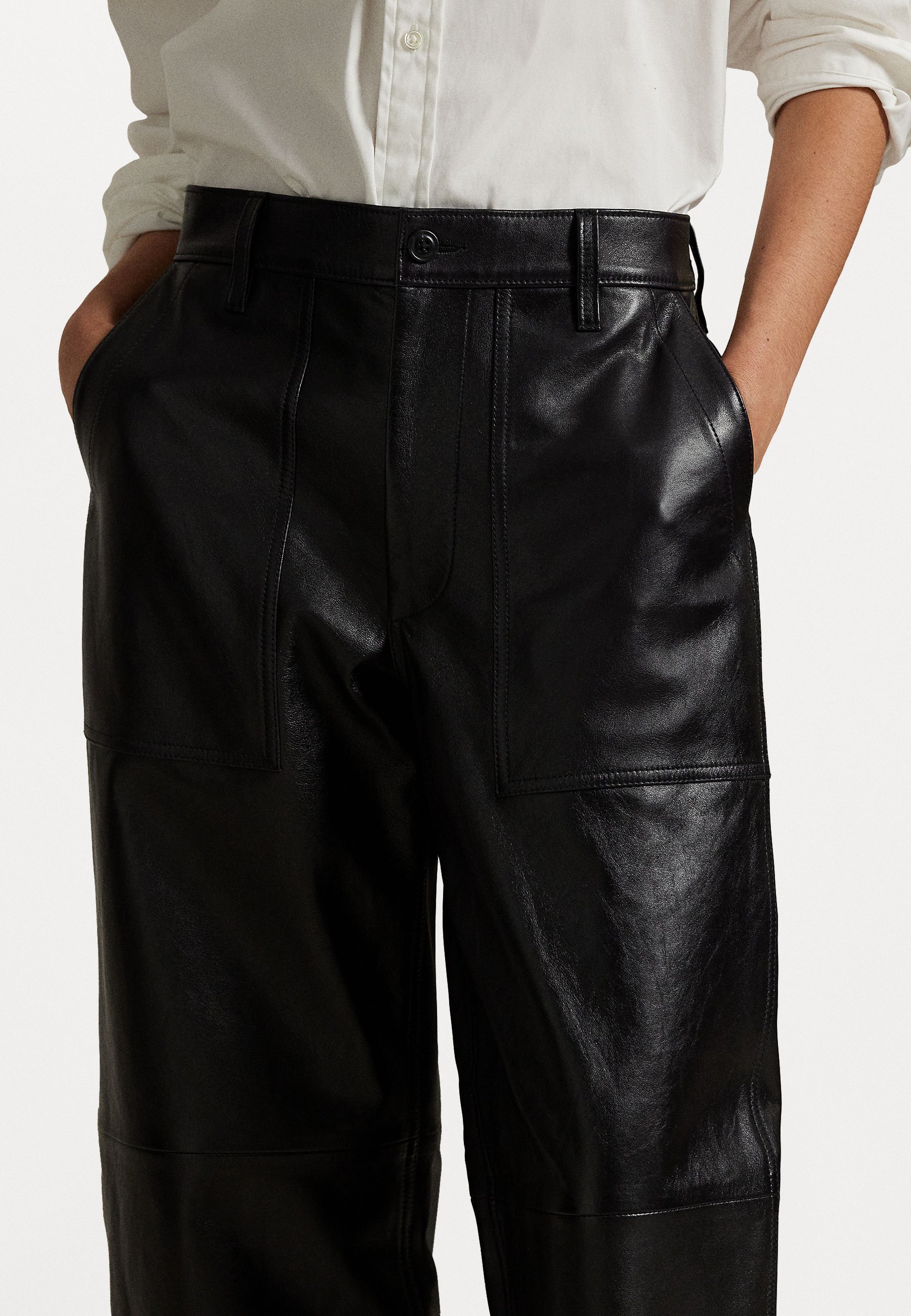 Pantalon court en cuir noir Polo Ralph Lauren THE LEATHER WIDE-LEG RICKY