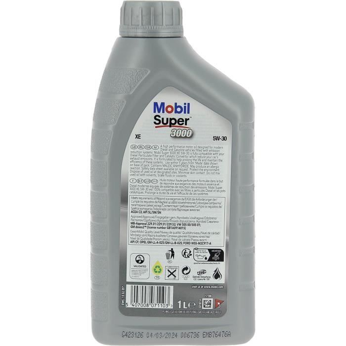 Aceite sintético para motor 5W-30 - MOBIL - Super 3000 - Formula-XE - Lata de 1L - Alto rendimiento anticontaminación