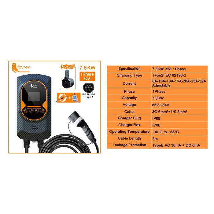 Wallbox EVSE da 32 A per auto elettriche, 7,6 kW, cavo tipo 2, IEC62196, controllo tramite app. bazarland30
