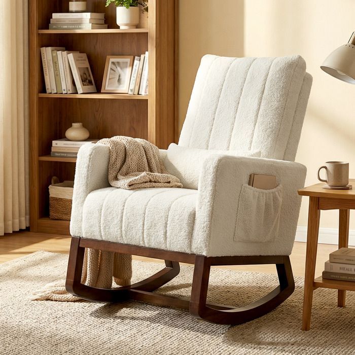 Fauteuil à bascule - HOMCOM - coussin lombaire, dossier haut, poches latérales - flanelle neige - 67 x 97 x 110 cm - crème