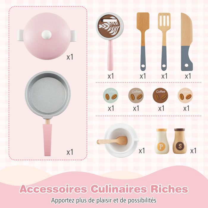Cocina infantil COSTWAY para mayores de 3 años, 12 accesorios, Zona: Cafetera, Microondas, Horno, Lavadora, Rosa