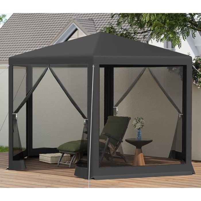 Cenador de jardín WOLTU - Hexagonal - Pérgola de jardín - Mosquitera transpirable - 3,8 x 3,3 m - Gris