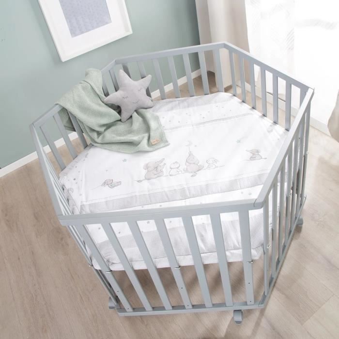 Parque infantil hexagonal convertible ROBA - STERNENZAUBER - Funda acolchada - Estampado de elefantes - 6 ruedas con freno - Madera lacada en gris