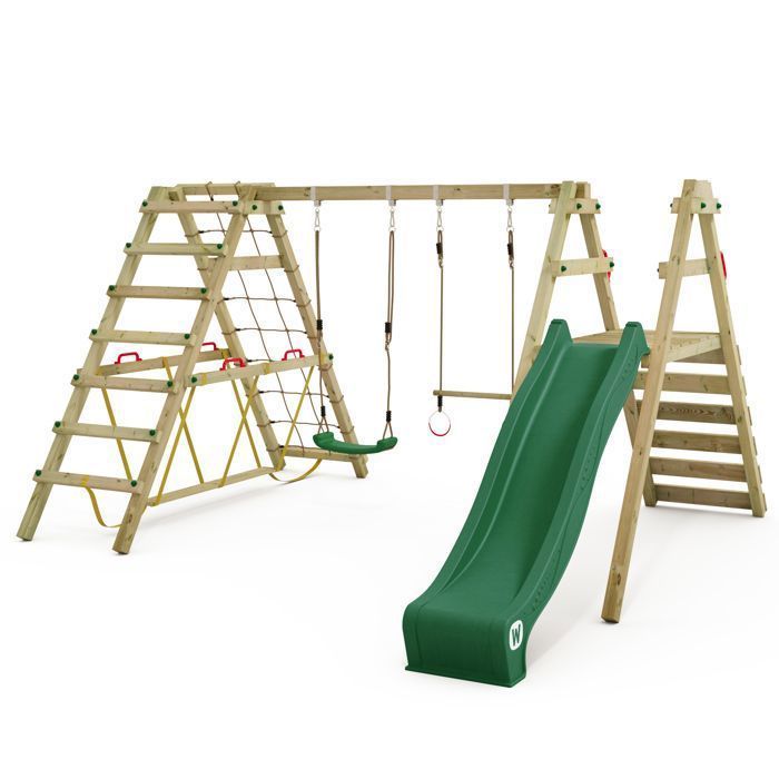 Columpio doble de madera WICKEY Smart Shake con tobogán verde de 220 cm y estructura para trepar – 10 años de garantía*