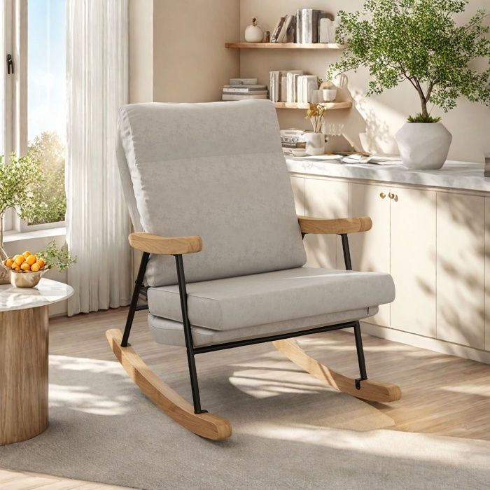 Fauteuil à Bascule Scandinave,Chaise Allaitement Ergonomique en Lin,Structure Bois Massif et Métal,Fauteuil de Relaxation pour Salon
