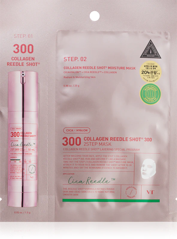 Máscara facial VT Cosmetics Collagen Reedle Shot 300 em 2 etapas: firmadora e lifting para cuidados com a pele em duas fases.