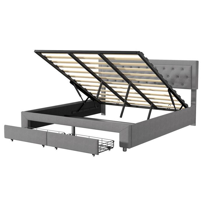 Lit 180x200 cm - COZY - tissu en velours - sommier - hydraulique - cadre de lit adulte 180x200 cm - gris