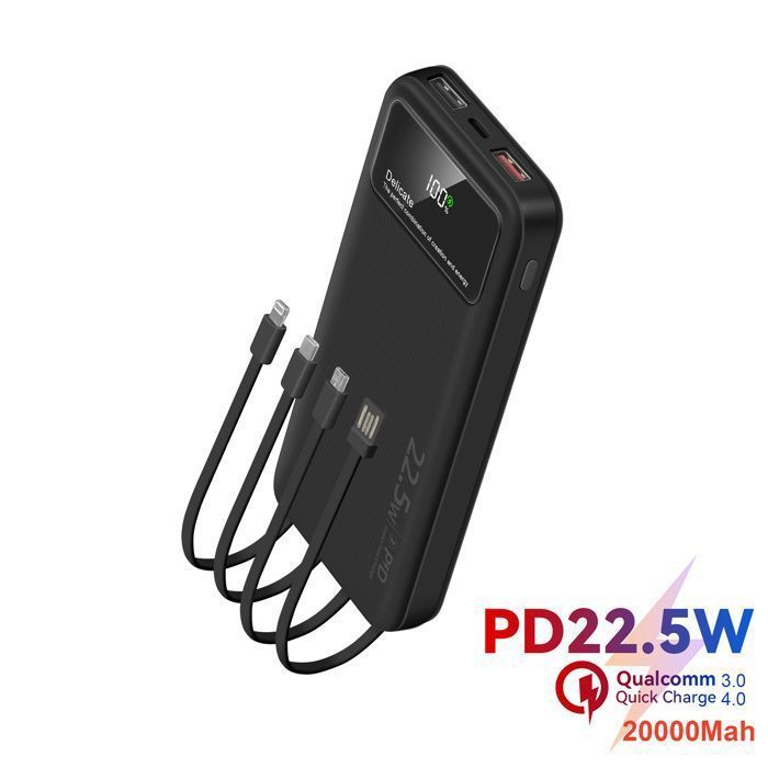 Batterie Externe Noire 20000mAh avec 4 Câbles Intégrés, 6 Sorties, 3 Entrées et Affichage LED, Power Bank Portable
