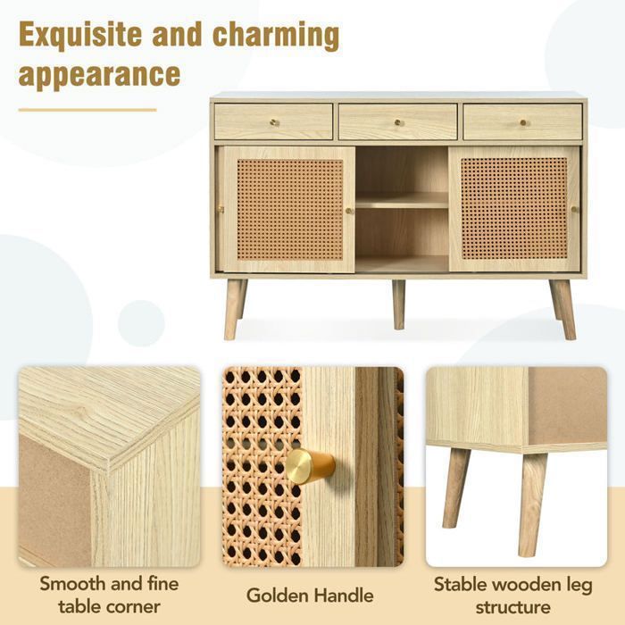 COSY FURNITURE Retro oak wood sideboard with 3 drawers, 3 sliding rattan doors and adjustable shelves – 120x40x78 cm