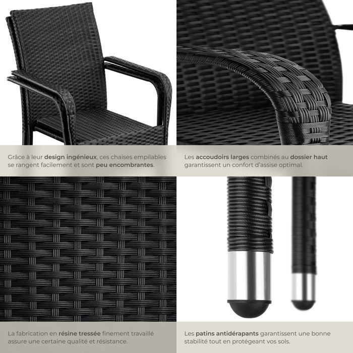 Chaises de jardin - TECTAKE - Lot de 6 fauteuils de repas d'extérieur en rotin résistants aux UVs 58 x 67 x 90 cm - Noir