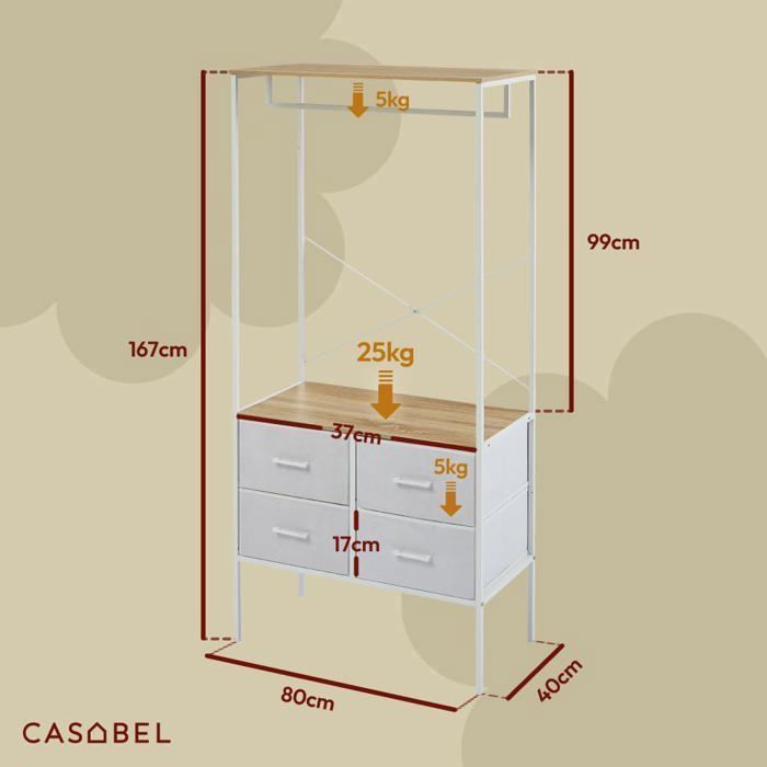 Armario CASABEL, mueble con 4 cajones, perchero, vestidor, armario, madera y metal blanco, 80×40×167 cm
