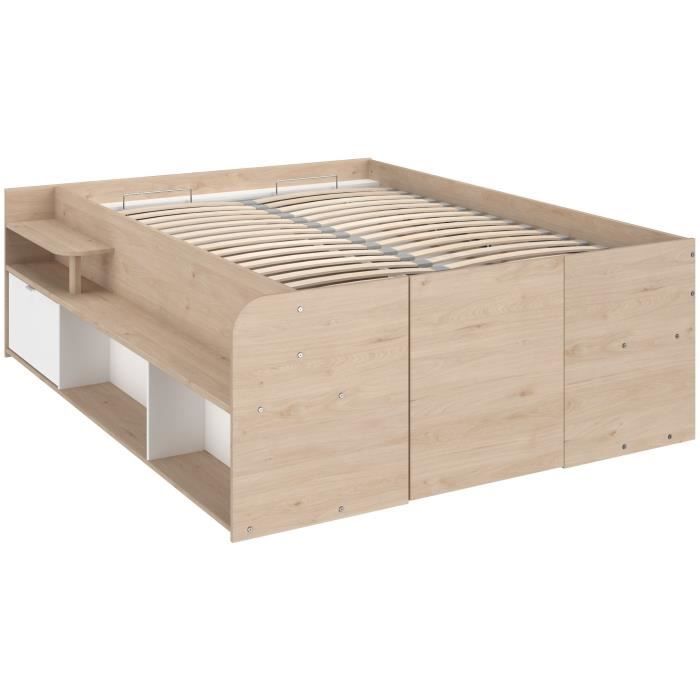 Cama con almacenamiento para adultos ODYSSEE - 140x190/200 cm - Con compartimento de almacenamiento elevable - Acabado en roble y blanco - 168,3x66,5x209,5 cm