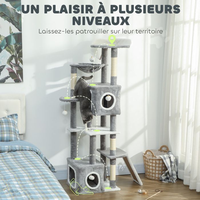 Albero tiragraffi - torre gioco per gatti - PawHut - palo e pali in sisal, 2 nascondigli, piattaforme - altezza 165 cm - grigio