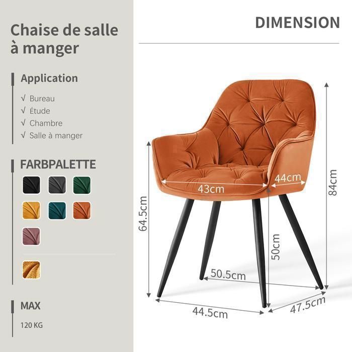AINPECCA Lot de 4 Chaises Velours Orange Accoudoirs, Dossier Confort Nid d‘Abeille, Structure Métal 120kg