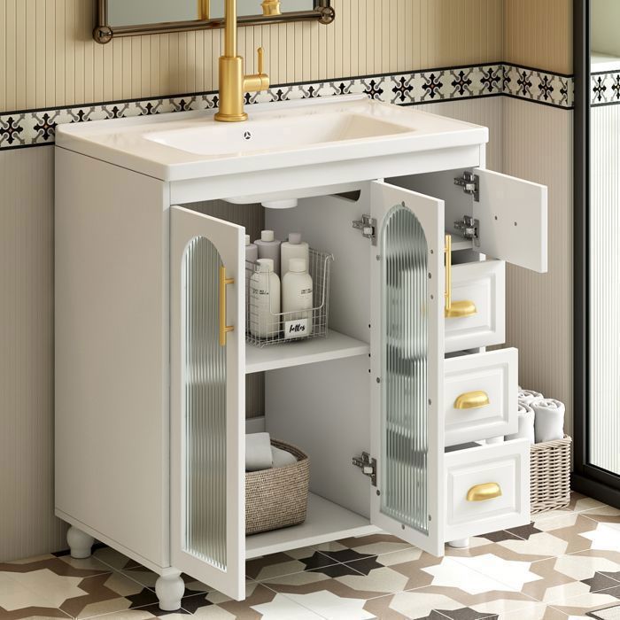 Panel reforzado. Mueble de baño con lavabo individual, mueble bajo de 80 cm y lavabo de cerámica, color blanco.