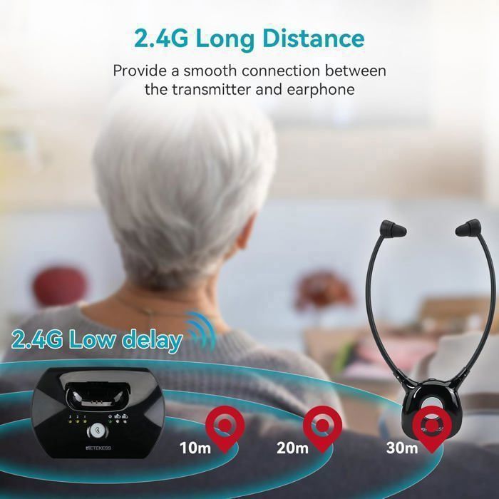 Cuffie TV wireless Retekess TA008, confezione da 2 auricolari, bassa latenza 2.4G, ausilio acustico, adatte a famiglie di mezza età e anziani