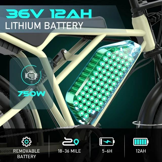 Bicicleta elétrica COLORWAY 750W para adultos, com pneus largos 20x4.0, ideal para trilhas e neve, com bateria de 36V/12Ah. Perfeita para ciclismo ao ar livre, praia e montanha.