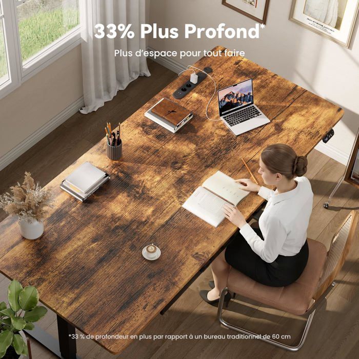 HLONONE Bureau Électrique Debout et Assis, 200 x 80 cm, avec Prise de Courant Intégrée, 2 Tiroirs Amovibles, Port USB-C, Marron