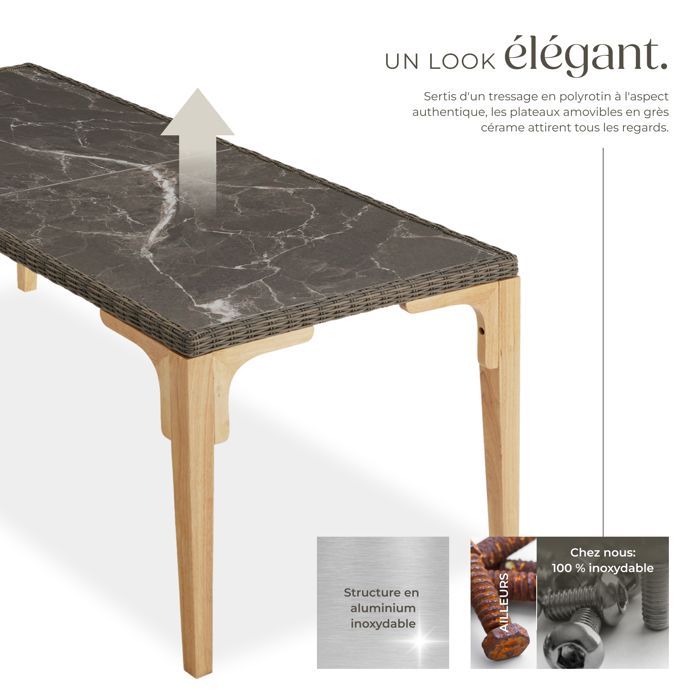 Mesa de jardín - TECTAKE - FOGGIA, mesa de comedor de ratán con tablero de gres desmontable, estructura de aluminio, 196x87x76cm - Marrón natural