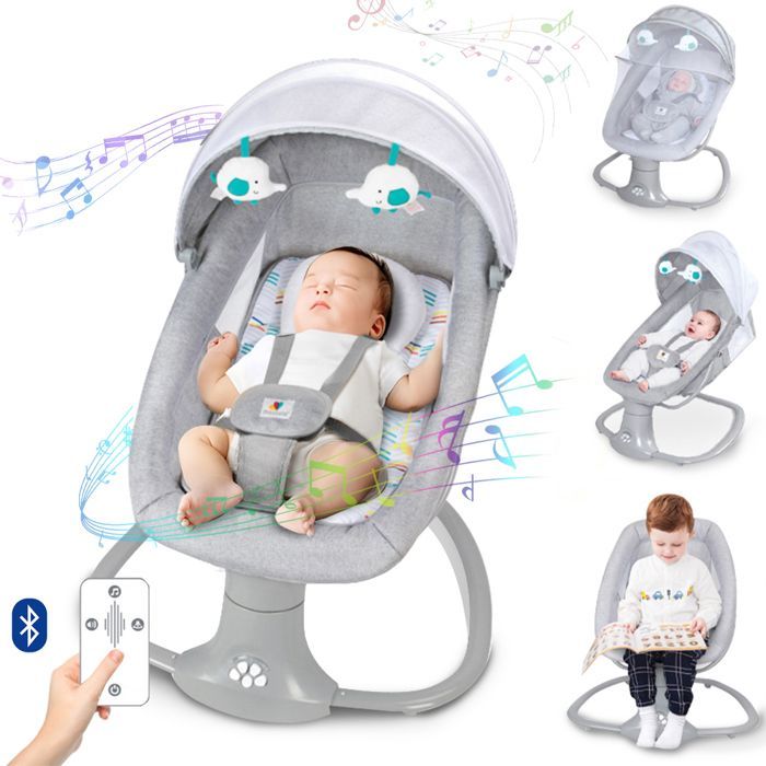 3-in-1 elektrische babyschommel met afstandsbediening - 5 schommelsnelheden - Bluetooth-muziek - Grijs