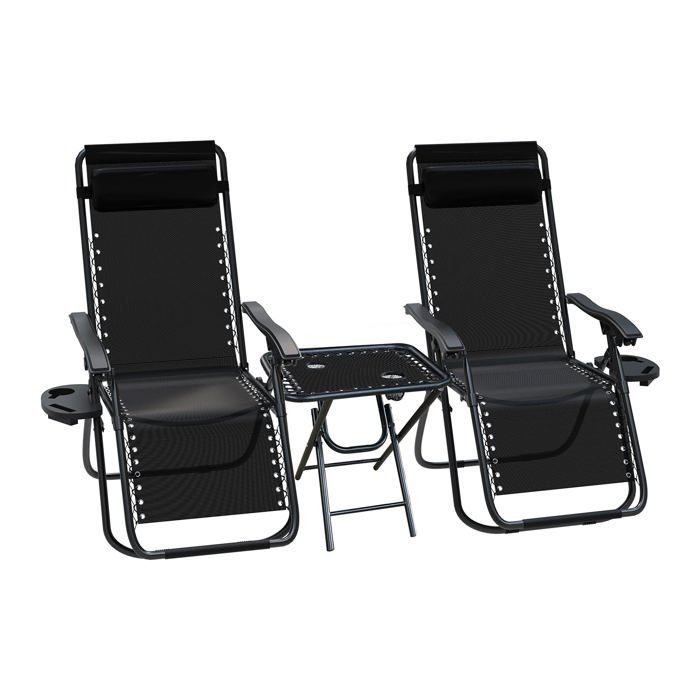 VOUNOT® Lot de 2 Chaise longue inclinable avec table pliable en Textilène avec support de gobelet - charge Max 120kg - Noir