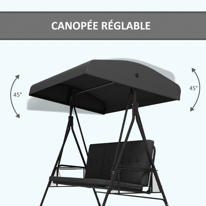 Garden swing - Outsunny - 3-seater - adjustable roof tilt - 2 side tables, cushions - steel - dark grey