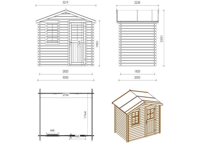 Casetta da giardino in legno - 6 m² - 3x2 m - spessore 28 mm - Colore: naturale - DOM472