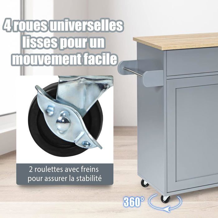 COSTWAY Desserte de Cuisine, Bîlot de Cuisine à Roulettes avec Grand Placard, Tiroir, Porte-Epices et Porte-Serviettes Gris