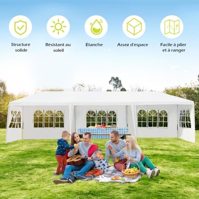 Tenda da festa pieghevole DREAMADE 3x9 m con struttura in tubi di ferro, gazebo in tessuto PE a 5 strati, padiglione da giardino con 3 finestre per feste, bianca