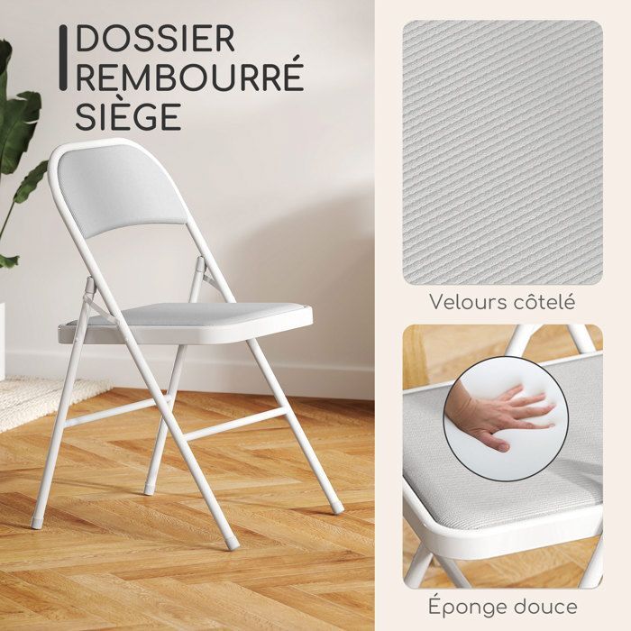 Lot de 4 chaises pliantes - HOMCOM - portables - siège rembourré en velours côtelé et cadre en acier - blanc
