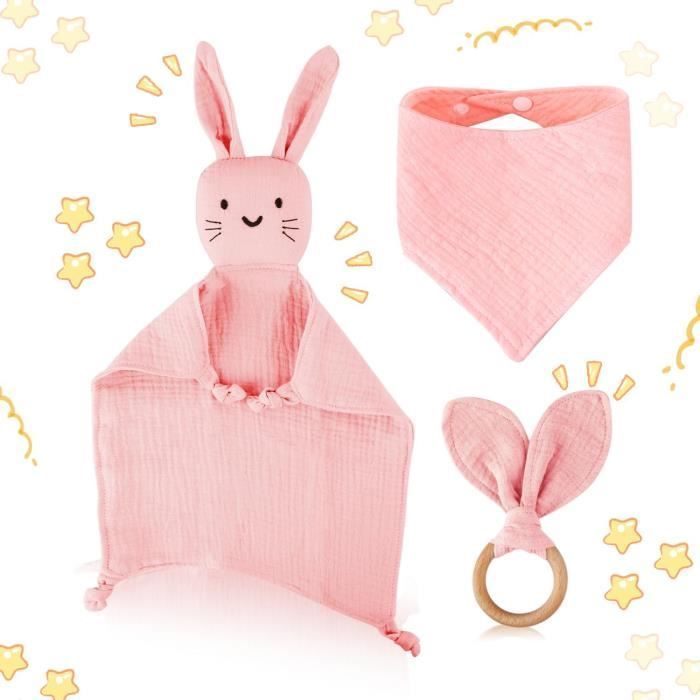 Baby Gift Set, Teething Set and Bib for Boys and Girls with Baby Plush Toy, Baby Shower Gift Set (Pink)