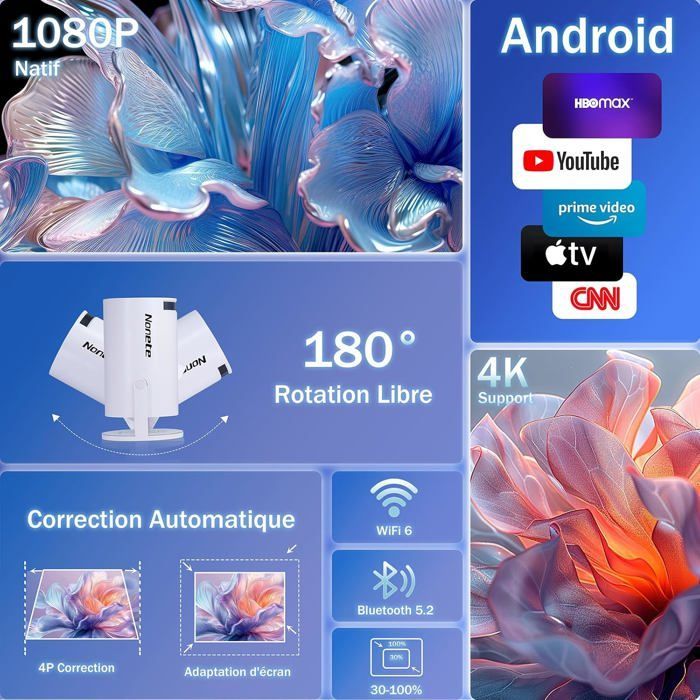 Mini Projecteur 1080P Fhd 4K - Wifi6/Bt 5.2 - Rotation 180° - Compatible Hdmi/Usb/Ps5 - App Intégrée Avec Souris
