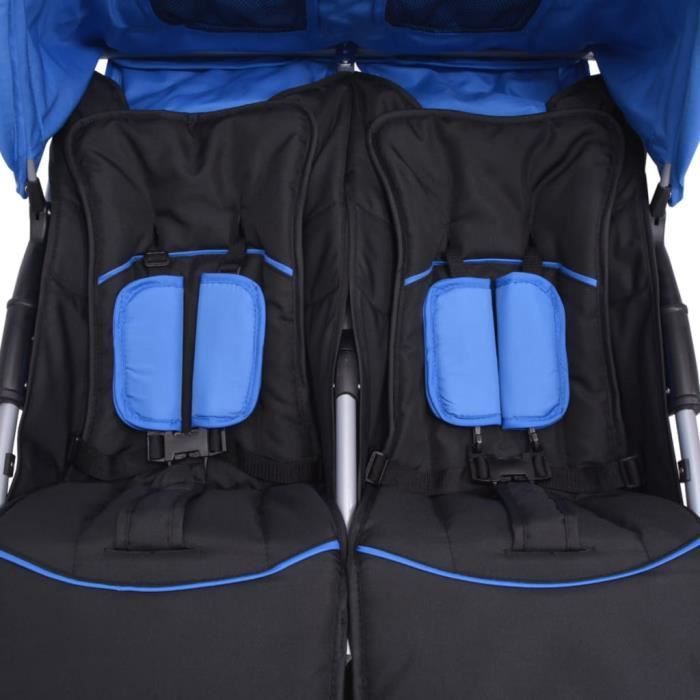 Twin Double Stroller - Two-Seat Stroller, Suitable for 1-2 Children - Steel, Blue and Black