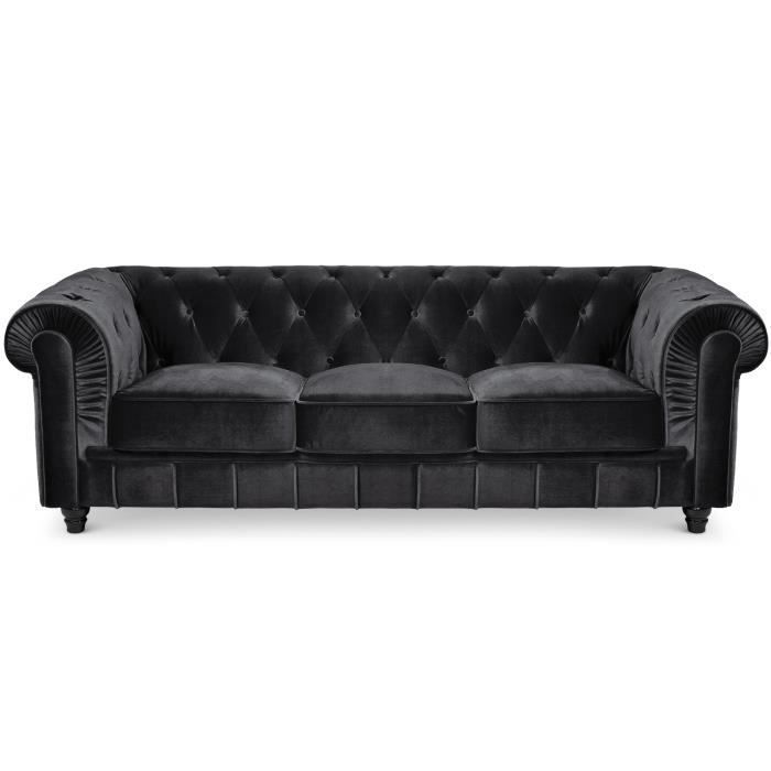 Sofá Chesterfield grande de 3 lugares em veludo preto.
