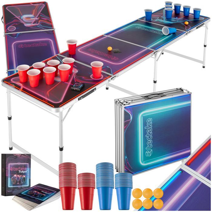 Mesa de beer pong - TECTAKE - BEER WARS I Mesa con iluminación LED, fabricada en aluminio, con 100 vasos, 6 pelotas y una baraja de cartas.