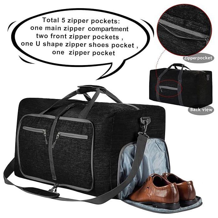 Bolsa de viaje grande, ligera e impermeable de 115 litros para hombre y mujer, con compartimento para zapatos, color negro.