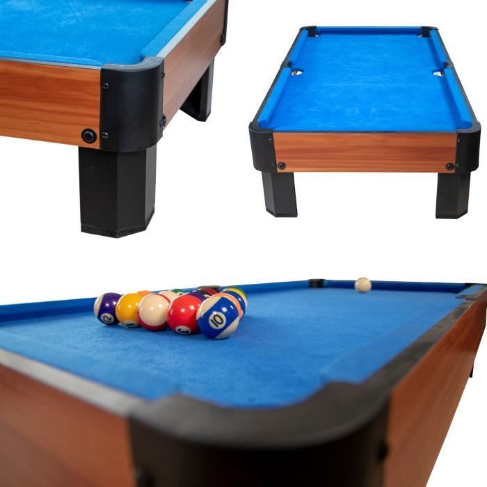 Billard de table compact avec accessoires - Kit Billard de bureau ou salle de jeu, Marron et Tapis Bleu