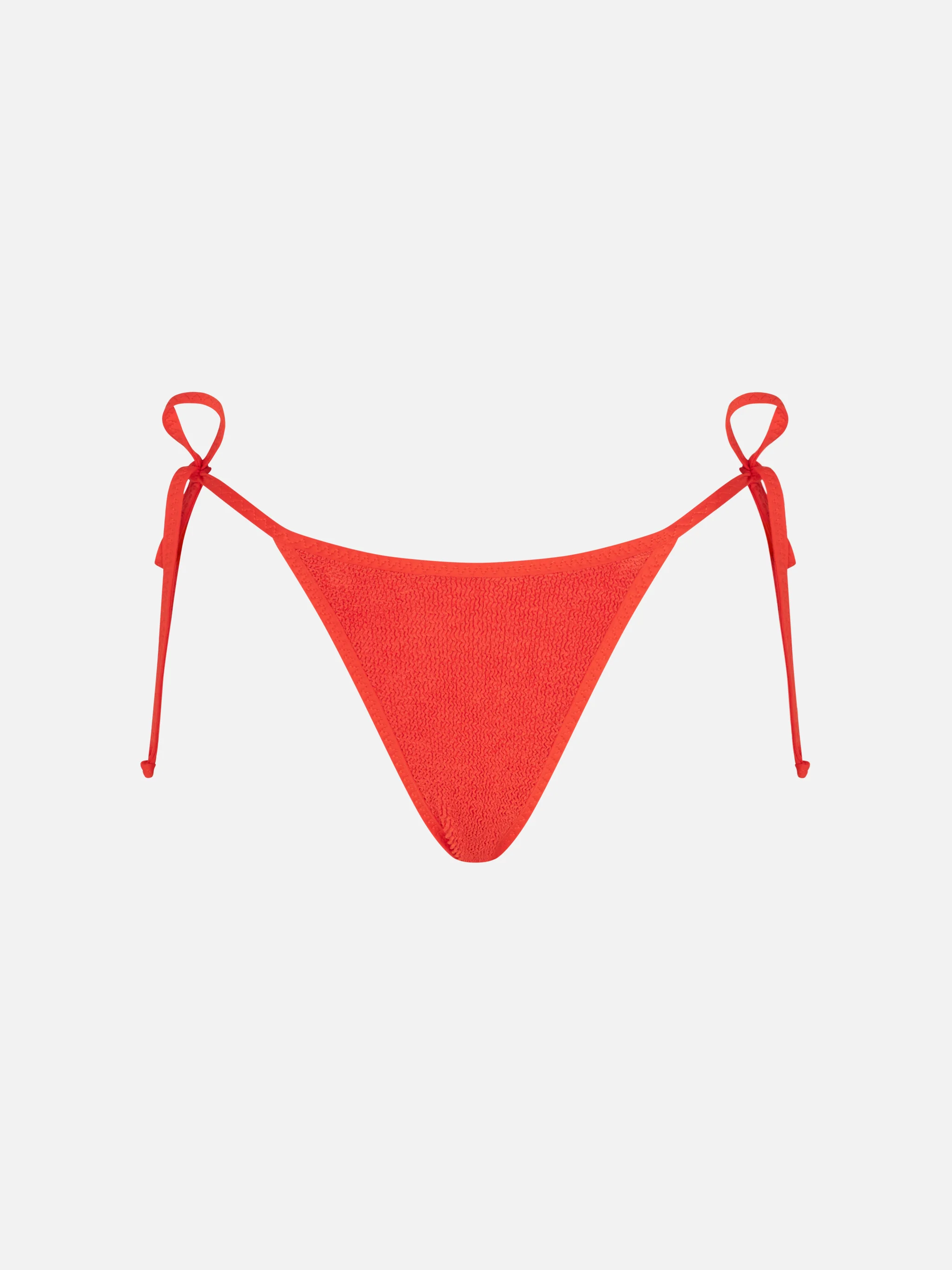 Orangefarbene, geknitterte Badehose für Damen mit hohem Beinausschnitt