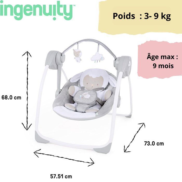 INGENUITY Babybouncer, opvouwbare elektrische schommel - Kleine Schaapjes - Afneembare boog en speelgoed, babycadeau