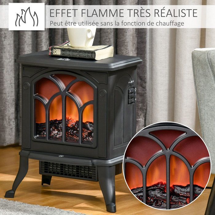 Chimenea eléctrica - HOMCOM - independiente 750-1500 W, efecto llama LED, protección contra sobrecalentamiento - acero - negro