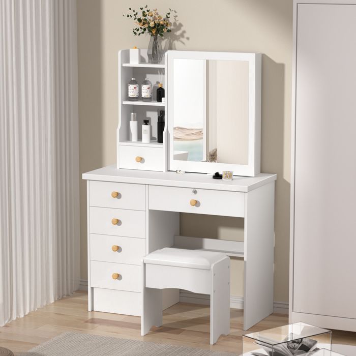 Dressing Table with Sliding Mirror - Modern Makeup Table - 6 Drawers - 3 Shelves - 80x37x122cm