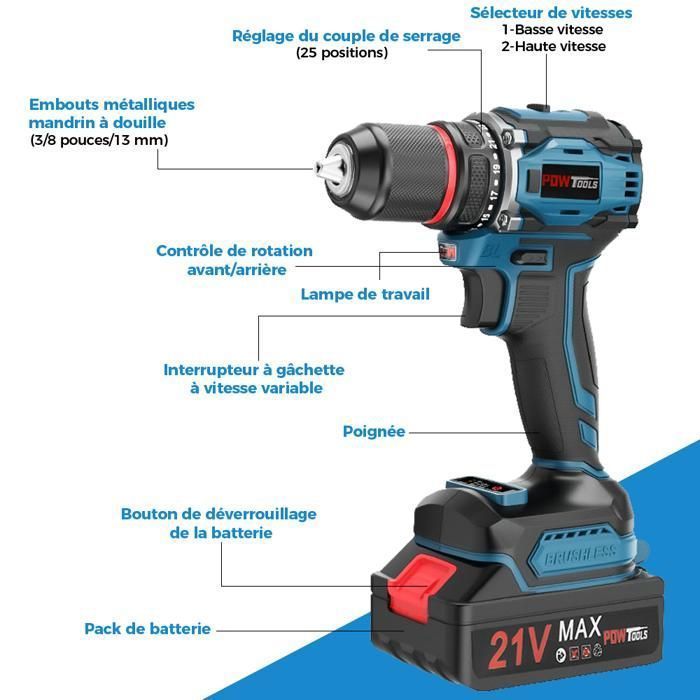 Taladro atornillador inalámbrico POWTOOLS - Motor sin escobillas con 2 baterías, 25+3 ajustes de torque