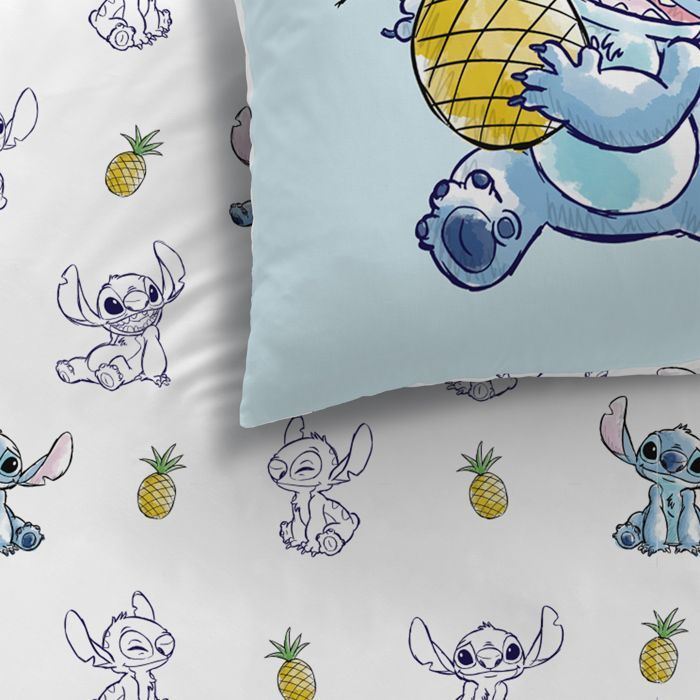 Jogo de cama infantil 100% algodão - Disney Stitch Abacaxi - Azul/Branco - 140x200+63x63cm