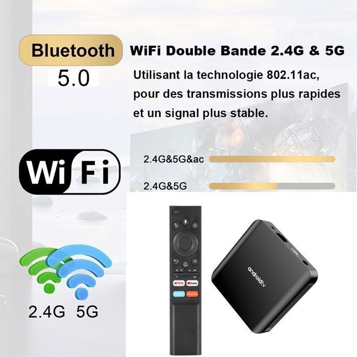 Boîte TV Android TV98 Plus, OUTUOTWQ Android 14 TV Box 2 GB RAM 16 GB ROM WiFi 2.4G/5G HDR10+ Video 4K Compatible Netflix YouTube